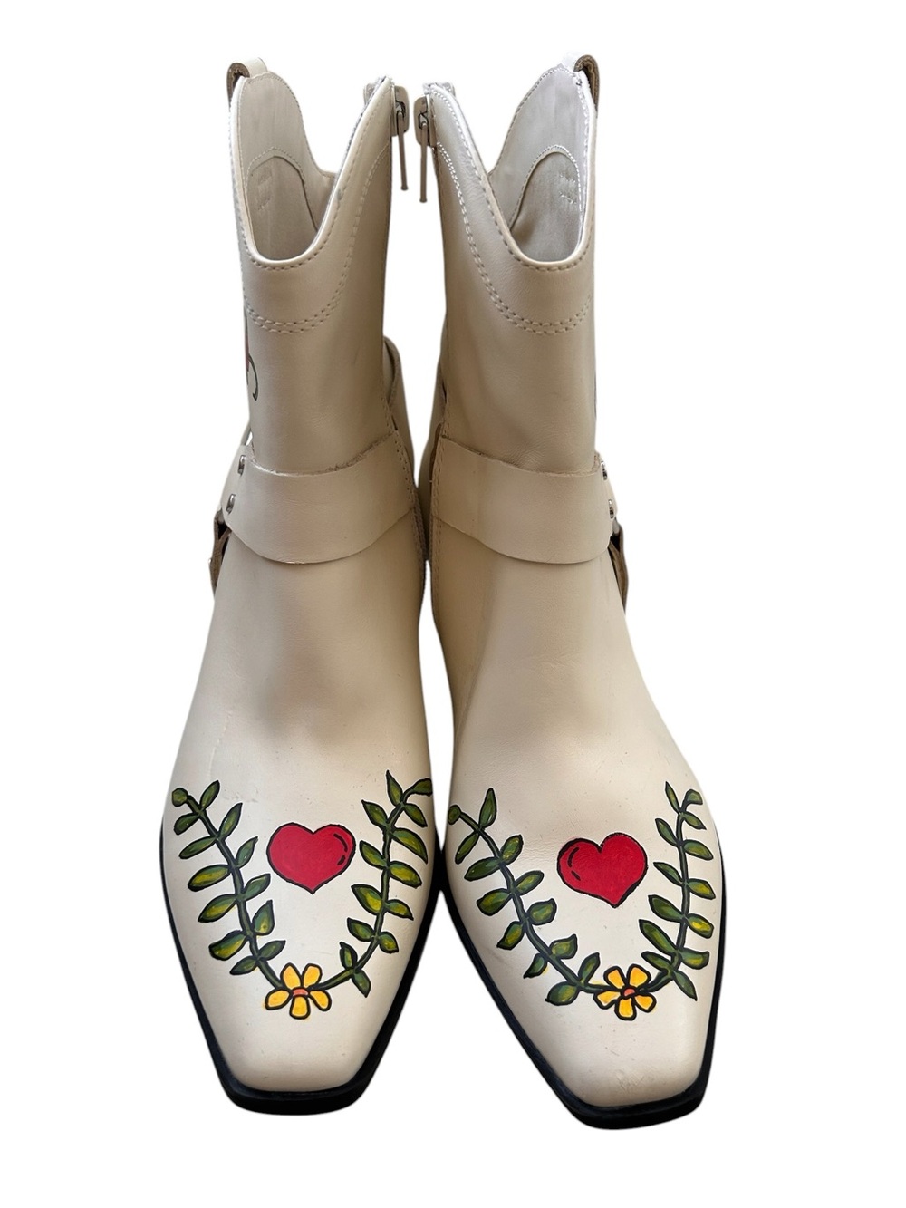 Wearable Art - Open Edit Western Ankle Boots - White - Hand Painted & signed - 8